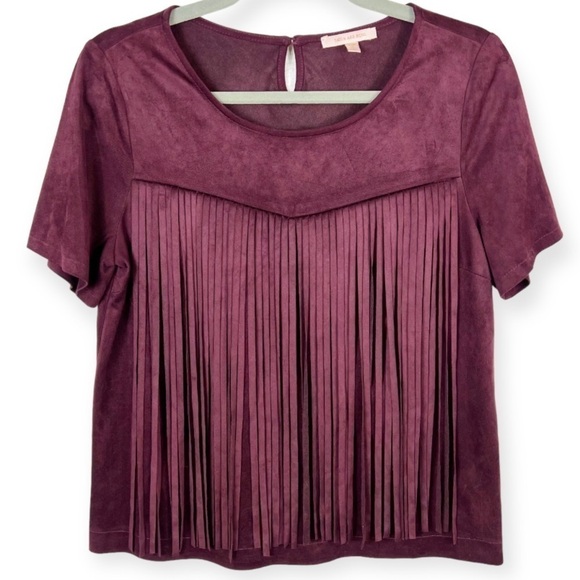 Skies Are Blue Fringe Top Short Sleeve Faux Suede Burgundy Small - Picture 1 of 5